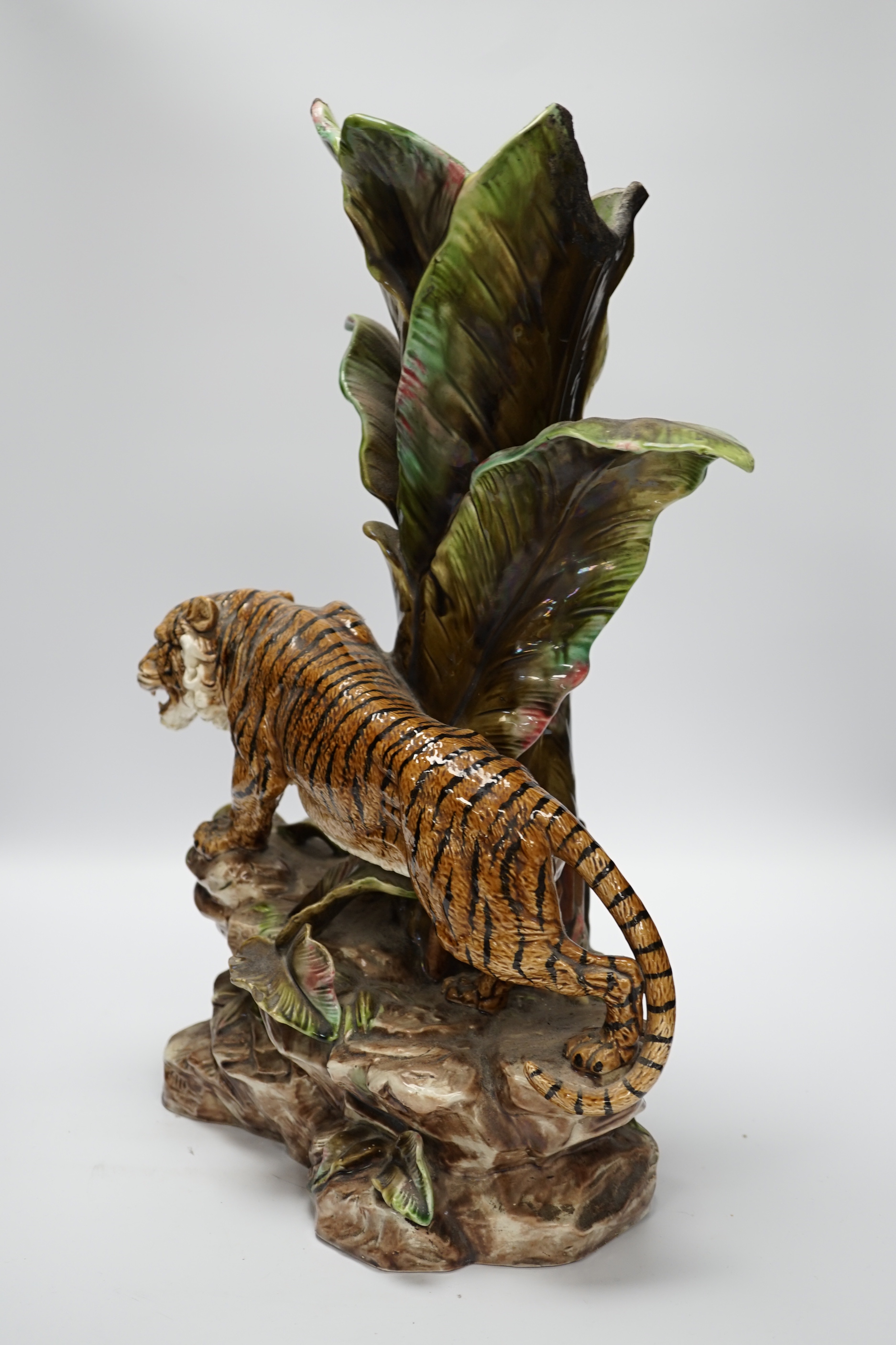 An early 20th century Continental majolica tiger vase, impressed 2032 to the base, 47cm high
